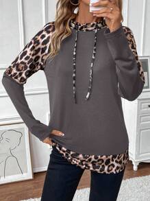 EMERY ROSE 女士法国羊毛撞色豹纹与花卉印花长袖休闲运动衫 - 深灰色 - 查看 4