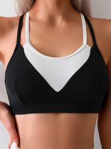 New Design Color Block Sexy Ribbed 2 In 1 Bikini Set Summer - Black and White - View 4