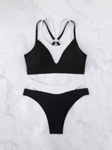 New Design Color Block Sexy Ribbed 2 In 1 Bikini Set Summer - Black and White - View 7