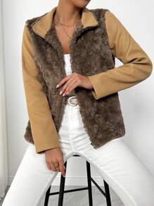 Chiquease Women Casual Regular Plush Contrast Color Patchwork Long Sleeve Jacket, Autumn/Winter - Coffee Brown - View 4