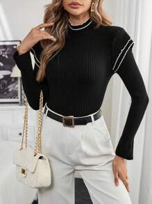 Chiquease 时尚撞色高领长袖针织毛衣，修身显瘦套头衫，女士秋冬针织衫 - 黑色 - 查看 5