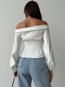 Aloruh Áo cánh tay đèn lồng trễ vai màu trơn thanh lịch màu trắng - trắng - Xem 2