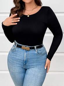 SHEIN LUNE 1pc Plus Size Women Solid Color Long Sleeve Minimalist Backless Butterfly T-Shirt, Casual Daily Wear Graphic Tees Women Tops For Spring - Black - View 2