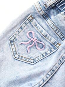 Baby Girl Fashionable Back Pocket Washed Jeans With 3D Butterfly Embroidery Design, Straight Leg