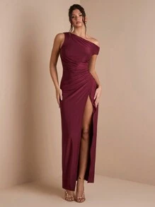 SHEIN BAE 纯色不对称肩部褶皱修身高开叉连衣裙，优雅适合鸡尾酒会、浪漫约会、冬季打底衫、派对、婚礼嘉宾、万圣节、圣诞节 - 酒紅色 - 查看 4