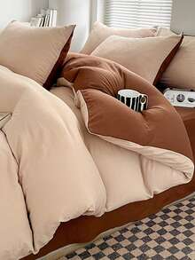 Bộ đồ giường chải màu kaki & cam 3 món, có thể giặt bằng máy - Màu Khaki - Xem 2