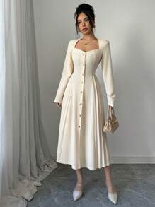 Elenzga 休闲优雅纹理心形领侧褶长袖女式连衣裙，适合派对和聚会长款女装 - 杏色 - 查看 5