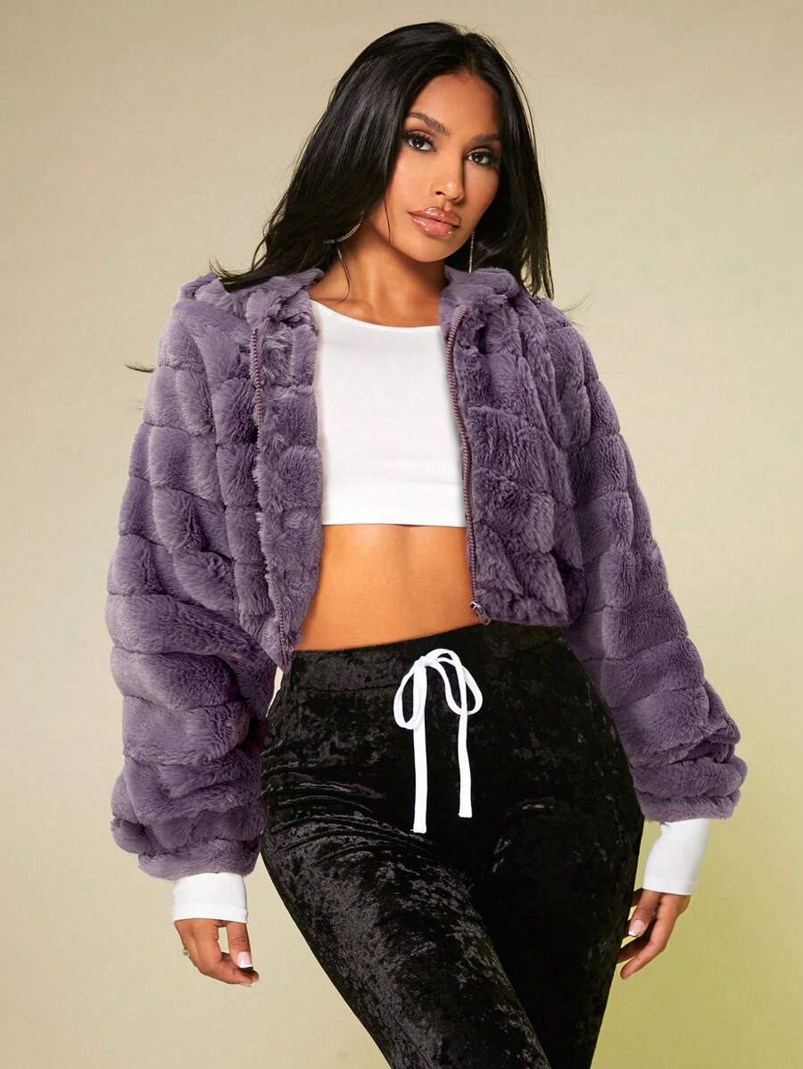 SHEIN SXY 女士休闲纯色连帽短款蓬松夹克秋冬季 - 紫色 - 查看 1