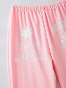 SHEIN 2 件套青少年女孩深色朋克风格图案印花连帽衫和裤子套装，休闲 - 粉色 - 查看 9