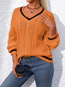 SHEIN LUNE 女士撞色V领落肩长袖休闲毛衣，秋冬针织套头衫 - 珊瑚橙 - 查看 5