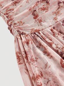 SHEIN MOD 女士复古花卉印花长袖针织连衣裙、秋季连衣裙、绿色长袖连衣裙、荷叶边连衣裙、返校节连衣裙、舞会长裙、半正式连衣裙 - 粉色 - 查看 3