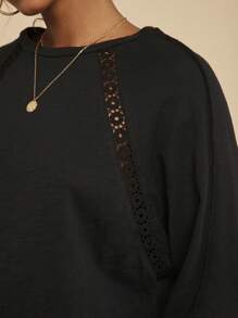 Travachic Loose Solid Color Knit Black Long Raglan Sleeve Crew Neck T-Shirt Top , Casual Vacation - Black - View 5