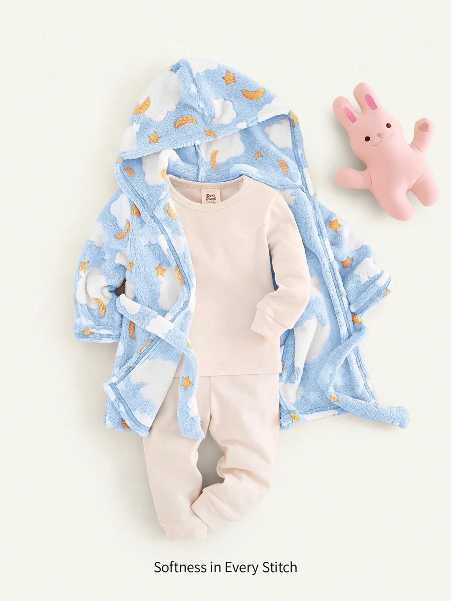 Cozy Pixies Baby Girl Star Moon Cloud Pattern Hooded Fleece Thick Robe - Multicolor - View 1