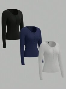 SHEIN EZwear 3pcs Plain V-Neck Long Sleeve Form-Fitting Plus Size Women T-Shirts, Casual Versatile All-Match Tops In Black, Blue, Grey For Spring/Autumn And Winter - Multicolor - View 3