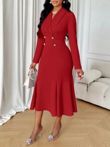 SOLERSUN 优雅女士双排扣西装领连衣裙新年衣服长款女士服装 - 紅色 - 查看 5