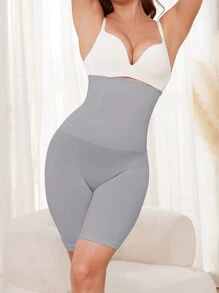Solid Color High Waist Skinny Control Shorts, Suitable For Everyday Wear