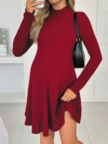 SHEIN Plain High Collar Ruffled Hem Maternity Long Sleeve Dress, Day Out Outfit - Burgundy - View 2
