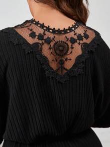 SHEIN VCAY 1 件大码纯色蕾丝拼布长袖休闲迷你连衣裙 - 黑色 - 查看 3