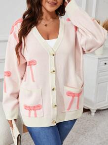 SHEIN VCAY Cárdigan informal con hombros caídos, manga larga y patrón de moño, de un solo abotonadura, para mujeres de talla grande, otoño/invierno
