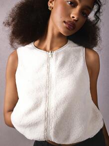 Athîral 摇粒绒背心休闲女装保暖日常服装休闲女装白色圆领绒背心冬季休闲服装 - 奶油色 - 查看 3