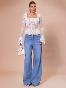 SHEIN BAE 女士蕾丝拼接长袖上衣，优雅甜美浪漫，适合鸡尾酒会、约会之夜、秋冬季内搭、派对、正式场合、夜生活、情人节等场合。 - 白色 - 查看 8