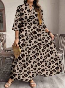 EMERY ROSE 大码休闲豹纹立领中袖优雅长裙，适合秋冬季