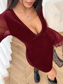 SHEIN EZwear Burgundy V-Neck Velvet & Mesh Patchwork Flare Sleeve Women's Dress