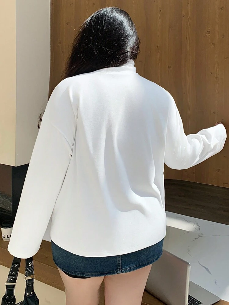 Dazy Plus Plus Size High Neck Loose Solid Color Base Tee, White, Spring/Summer/Autumn Long Sleeve Women Tops,Fall Women Clothes