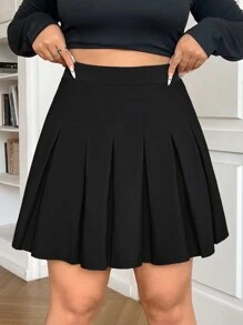 SHEIN EZwear Plus Size Women Solid Color Pleated Zip Closure Casual Mini Skirt