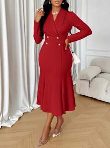 SOLERSUN 优雅女士双排扣西装领连衣裙新年衣服长款女士服装 - 紅色 - 查看 3