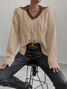 SHEIN Unity Sweater Rajut Wanita Lengan Panjang Kasual Kerah V Warna Kontras, Model Pullover Rajut Musim Gugur/Musim Dingin - MultiWarna - View 3