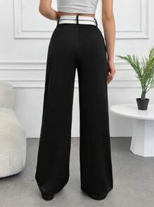 SHEIN Tall Quần ống rộng cạp tương phản cho nữ cao - màu đen - Xem 2