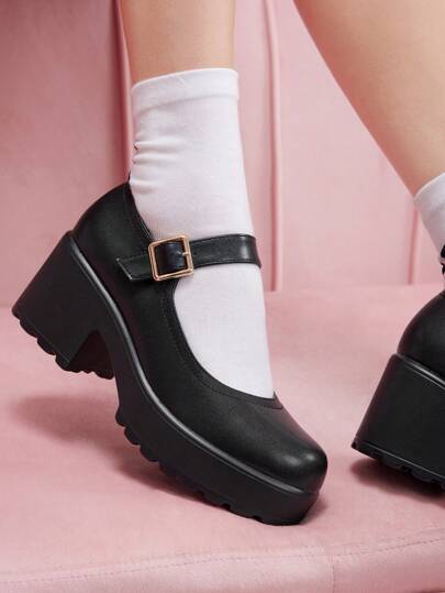 CUCCOO DOLLMOD Moda feminina preta Mary Jane bico redondo plataforma slip-on sapatos para casual/escola feriado de ano novo