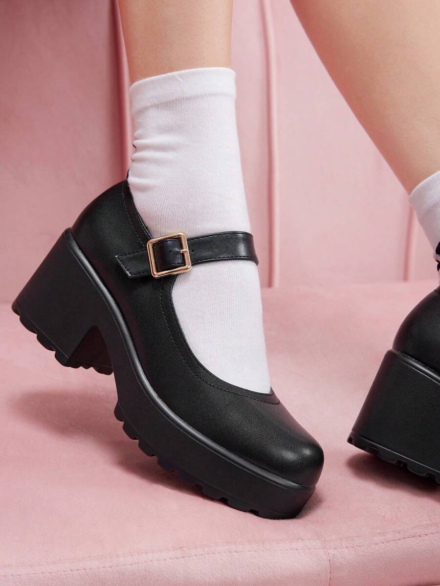 CUCCOO DOLLMOD 女士时尚黑色玛丽珍圆头厚底一脚蹬鞋，适合休闲/学校新年假期 - 黑色 - 查看 1