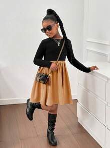 Tween-Mädchen Lässiges A-Linien-Kleid mit Farbblock-Patchwork und Rundhalsausschnitt und langen Ärmeln