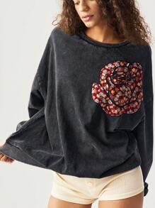 Bohemela Casual Solid Color Knit Round Neck Long Sleeve Floral Print Women Sweatshirt - Black - View 5