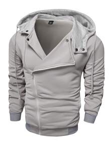 Manfinity Homme Men's Casual Oblique Zip Drawstring Hoodie Sweatshirt For Autumn - Light Grey - View 1