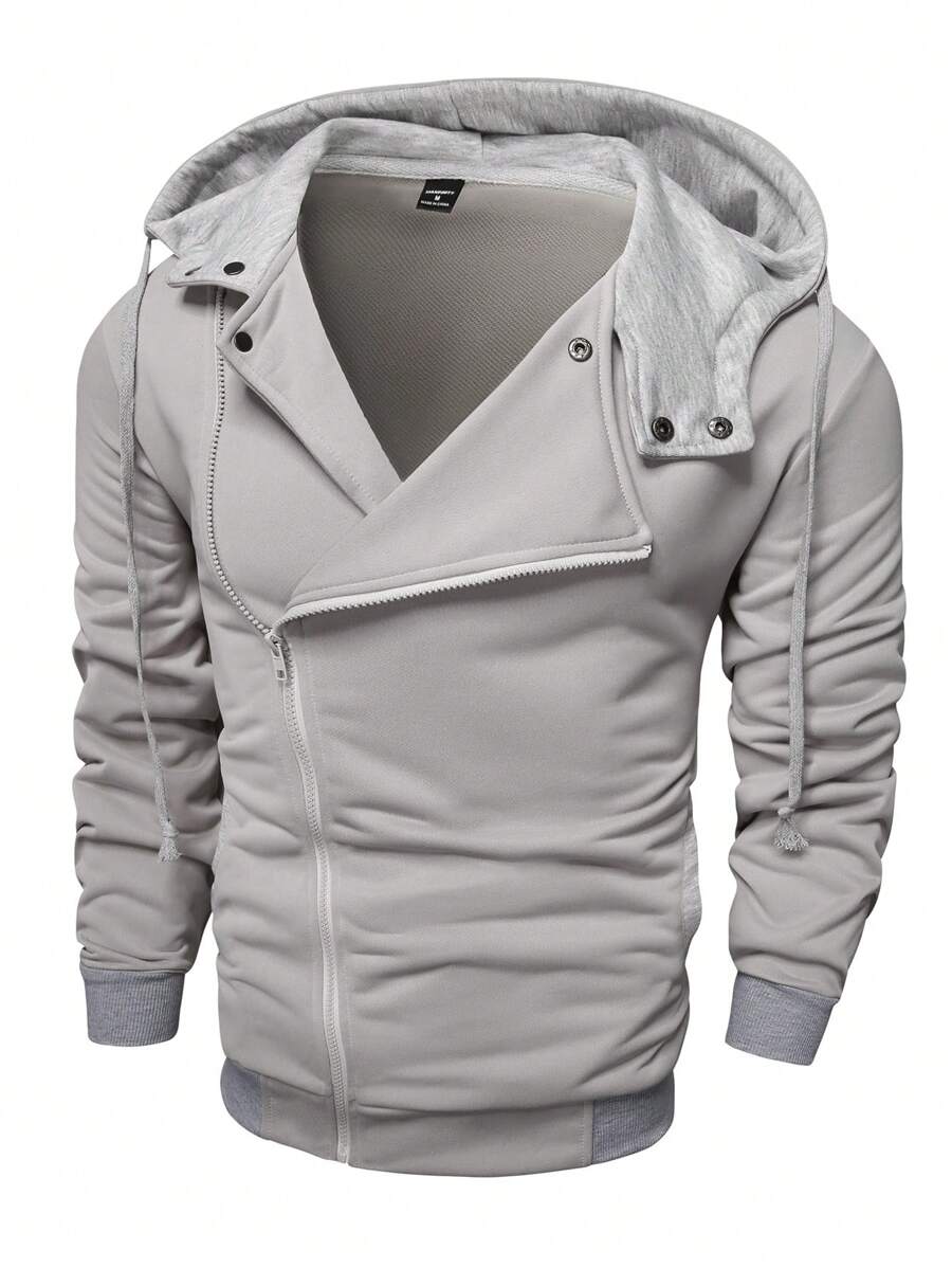 Manfinity Homme Men's Casual Oblique Zip Drawstring Hoodie Sweatshirt For Autumn - Light Grey - View 1