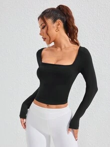 Camiseta de base de manga larga para mujer, top ajustado negro con estiramiento - Negro - Ver 4