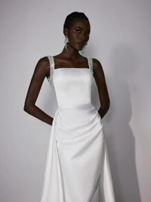 Elitara 优雅奢华香槟色缎面荷叶边美人鱼裙，泡泡下摆设计，适合婚礼、单身派对、度假、舞会、新娘、白色礼服、新娘 - 白色 - 查看 6