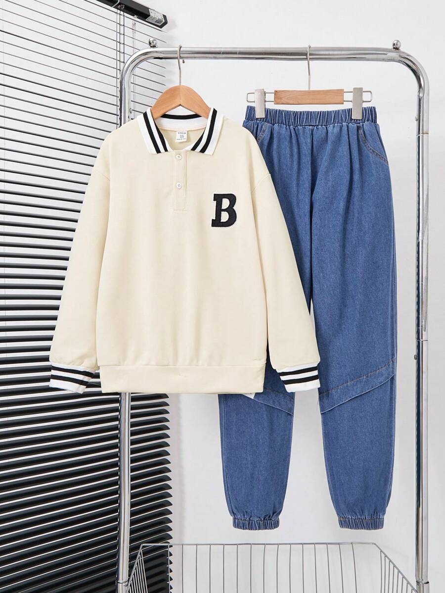 SHEIN 2 件装青少年男孩休闲马球领字母补丁长袖运动衫和牛仔裤春秋装 - 黃色 - 查看 1