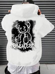 Manfinity Homme White Knit Men's Letter & Bear Print Hooded Long Sleeve Sweatshirt