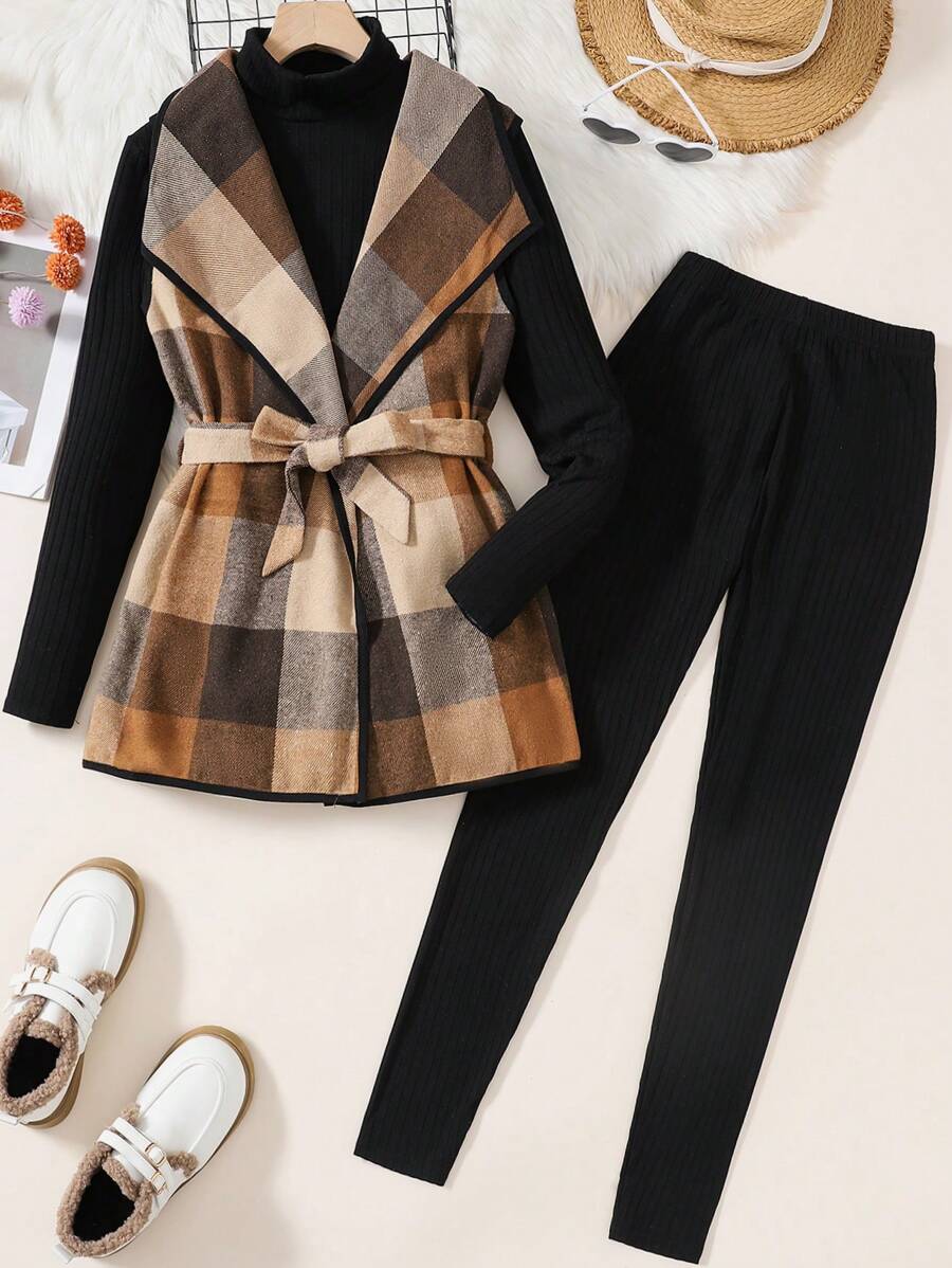 SHEIN Leap Crew Teen Girls 3-Piece Vintage Elegant Outfit Set: Khaki Checked Cinched Vest, Black Knitted Turtleneck Top, Black Leggings For Winter, Holiday, New Year's Eve - Coffee Brown - View 1