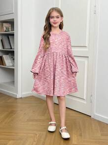 SHEIN Tween 女童休闲扎染印花荷叶边下摆灯笼袖圆领宽松 A 字针织华夫格连衣裙，粉色，适合秋冬季