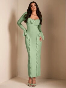 SHEIN BAE Elegant Women's Long Sleeve Fitted Shirt, Floral 3D Decor Ruffle Trim Long Maxi Dress, Suitable For Daily Wear, Dating, Outing, Party, Fall Outfits