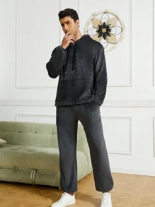 Manfinity Dauomo 2pcs Men Flannel Warm Sweatsuit Set, Autumn/Winter - Dark Grey - View 5