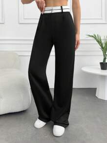 SHEIN Tall Quần ống rộng cạp tương phản cho nữ cao - màu đen - Xem 3