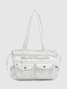 ROMWE Kawaii 复古做旧渐变色和心形印花蝴蝶结细节单肩手提包，宽敞的粉色单肩手提包，配有多个口袋 - 白色 - 查看 4