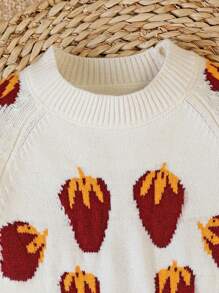 SHEIN 1pc Girls's Strawberry Graphic Round Neck Sweater, Casual & Suitable For Home, Outing, Party, Back To School, Spring, Summer And Autumn - White - View 3