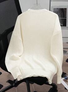 INAWLY 1件女士宽松蝙蝠袖休闲3D蝴蝶结装饰白色毛衣，适合秋冬季针织套头衫 - 奶油色 - 查看 2